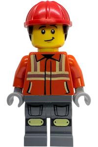 Construction Worker Minifigure - Male construction worker wearing a reddish orange safety jacket with reflective stripes, dark bluish gray legs with knee pads, red construction helmet, and dark brown short curly hair - cty1919
