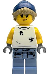 Female Tow Truck Operator - Female tow truck operator with dark tan hair wearing a dark blue beanie, white sleeveless shirt with oil stains, and sand blue legs with shirt sleeves showing oil stains - cty1920