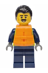 Police City Officer Male Minifigure - Male city police officer with black combed back hair and moustache, wearing a neon yellow safety vest, orange life jacket, and dark blue legs - cty1922