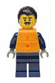 Male city police officer with black combed back hair and moustache, wearing a neon yellow safety vest, orange life jacket, and dark blue legs - cty1922