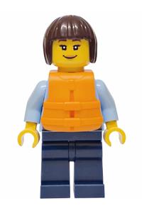 Police City Officer Female - Female city police officer with dark brown bob cut hair, wearing a bright light blue uniform, dark bluish gray belt, orange life jacket, and dark blue legs - cty1923