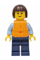 Female city police officer with dark brown bob cut hair, wearing a bright light blue uniform, dark bluish gray belt, orange life jacket, and dark blue legs - cty1923