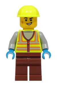Train Worker Minifigure - Male train worker wearing a neon yellow safety vest with reflective stripes, neon yellow construction helmet, and reddish brown legs - cty1924