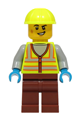 Male train worker wearing a neon yellow safety vest with reflective stripes, neon yellow construction helmet, and reddish brown legs - cty1924