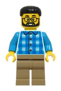 Dad Minifigure - Dad with black hair wearing a blue and dark azure plaid shirt and dark tan legs - cty1925
