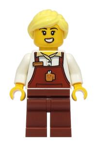 Barista Minifigure - Female barista with reddish brown apron featuring cup and name tag, reddish brown legs, and bright light yellow ponytail - cty1926
