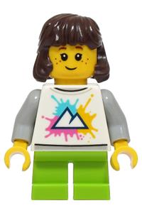 Girl Child Minifigure - Girl child with dark brown hair wearing a white shirt with a mountains logo and lime short legs - cty1927