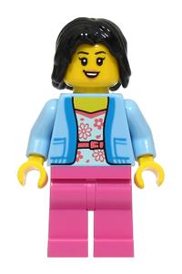 Female Passenger Minifigure - Female passenger with black hair, wearing a bright light blue jacket over a white shirt with coral flowers and dark pink legs - cty1929