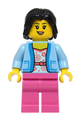 Female passenger with black hair, wearing a bright light blue jacket over a white shirt with coral flowers and dark pink legs - cty1929