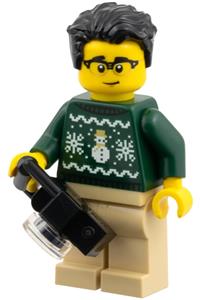 Man in Dark Green Holiday Sweater - Man wearing a dark green holiday sweater with tan legs and black hair - cty1931