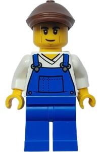 Farmer Tractor Driver Minifigure - Male farmer wearing blue overalls over a V-neck shirt, blue legs, and a reddish brown flat cap - cty1935