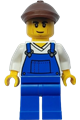 Male farmer wearing blue overalls over a V-neck shirt, blue legs, and a reddish brown flat cap - cty1935
