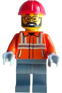 Construction Worker Minifigure - Male construction worker with reddish orange safety jacket with reflective stripes, dark bluish gray legs, red construction helmet, and beard - cty1936