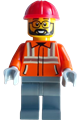 Male construction worker with reddish orange safety jacket with reflective stripes, dark bluish gray legs, red construction helmet, and beard - cty1936