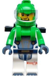 Astronaut Minifigure - Male astronaut wearing a white spacesuit with bright green arms, bright green helmet, trans-clear visor, and bright green harness with two clips - cty1937
