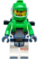 Male astronaut wearing a white spacesuit with bright green arms, bright green helmet, trans-clear visor, and bright green harness with two clips - cty1937