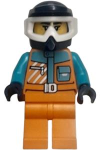 Arctic Explorer Minifigure - Female Arctic Explorer wearing an orange jacket and orange legs with a dark blue dirt bike helmet and white goggles - cty1938