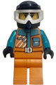 Female Arctic Explorer wearing an orange jacket and orange legs with a dark blue dirt bike helmet and white goggles - cty1938