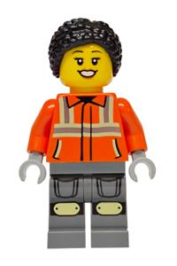 Female Construction Worker - Female construction worker with black braided knot bun hair, wearing a reddish orange safety jacket with reflective stripes and dark bluish gray legs with knee pads - cty1940
