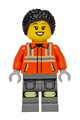 Female construction worker with black braided knot bun hair, wearing a reddish orange safety jacket with reflective stripes and dark bluish gray legs with knee pads - cty1940