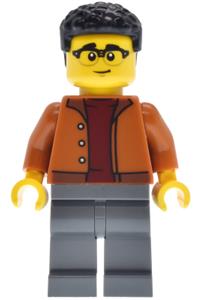 EV Supercar Driver Minifigure - Male EV supercar driver with black coiled hair wearing a dark orange jacket and dark bluish gray legs - cty1945