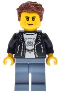 Hot Rod Driver Minifigure - Male hot rod driver with reddish brown hair, black leather jacket, and sand blue legs - cty1946