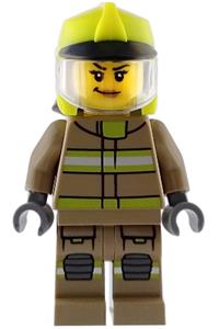 Firefighter Female Minifigure - Female firefighter with a dark tan jacket and legs with reflective stripes, neon yellow fire helmet, trans-clear visor, and nougat lips smirk - cty1947