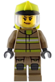 Female firefighter with a dark tan jacket and legs with reflective stripes, neon yellow fire helmet, trans-clear visor, and nougat lips smirk - cty1947