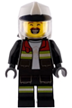 Male firefighter with reddish brown moustache, white fire helmet with trans-clear visor, black open jacket and legs with reflective stripes and red collar - cty1948