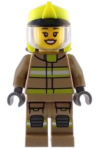 Firefighter Female Minifigure - Female firefighter with dark tan jacket and legs featuring reflective stripes, neon yellow fire helmet, trans-clear visor, and open mouth smile - cty1949