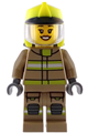 Female firefighter with dark tan jacket and legs featuring reflective stripes, neon yellow fire helmet, trans-clear visor, and open mouth smile - cty1949