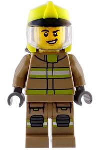 Firefighter Male Minifigure - Male firefighter with dark tan jacket and legs with reflective stripes, neon yellow fire helmet, trans-clear visor, and scuff mark - cty1950