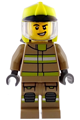 Male firefighter with dark tan jacket and legs with reflective stripes, neon yellow fire helmet, trans-clear visor, and scuff mark - cty1950