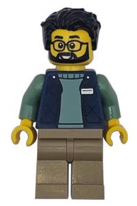LEGO Delivery Worker Minifigure - Male delivery worker with black hair wearing a dark blue bodywarmer over a sand green sweater and dark tan legs - cty1951
