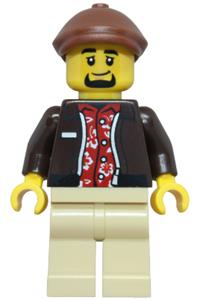 Taxi Driver Minifigure - Male taxi driver wearing a dark brown jacket over a red Hawaiian shirt, tan legs, and a reddish brown flat cap - cty1953