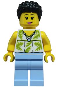 Tourist Minifigure - Tourist - Female, White Sleeveless Top with Lime Palm Leaves, Bright Light Blue Legs, Black Hair - cty1954