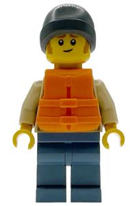 Boater Minifigure - Man wearing a tan knit cable sweater, orange life jacket, dark bluish gray beanie, and sand blue legs - cty1955