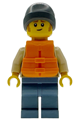 Man wearing a tan knit cable sweater, orange life jacket, dark bluish gray beanie, and sand blue legs - cty1955