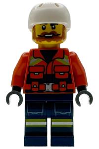 Coast Guard Male Minifigure - Male Coast Guard City minifigure wearing a reddish orange jacket with pockets and reflective stripes, dark blue legs with pockets and reflective stripes, and a white sports helmet - cty1956