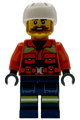 Male Coast Guard City minifigure wearing a reddish orange jacket with pockets and reflective stripes, dark blue legs with pockets and reflective stripes, and a white sports helmet - cty1956