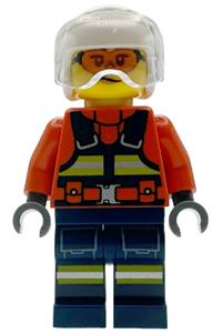 Coast Guard Helicopter Pilot - Female Coast Guard City Helicopter Pilot wearing a reddish orange jacket with dark blue safety vest, dark blue legs with pockets and reflective stripes, and white flight helmet - cty1957
