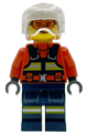 Female Coast Guard City Helicopter Pilot wearing a reddish orange jacket with dark blue safety vest, dark blue legs with pockets and reflective stripes, and white flight helmet - cty1957