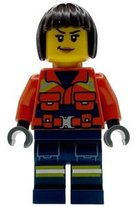 Coast Guard Female Minifigure - Female Coast Guard City minifigure with dark brown bob cut hair, reddish orange jacket and dark blue legs, both with pockets and reflective stripes - cty1958
