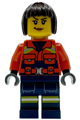 Female Coast Guard City minifigure with dark brown bob cut hair, reddish orange jacket and dark blue legs, both with pockets and reflective stripes - cty1958