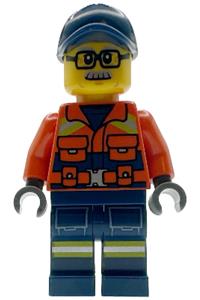 Coast Guard Male Minifigure - Male Coast Guard City figure with glasses, moustache, dark blue cap, reddish orange jacket with pockets and reflective stripes, and dark blue legs with pockets and reflective stripes - cty1959