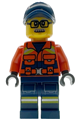 Male Coast Guard City figure with glasses, moustache, dark blue cap, reddish orange jacket with pockets and reflective stripes, and dark blue legs with pockets and reflective stripes - cty1959