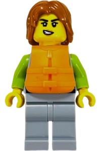 Woman Boater Minifigure - Woman with dark orange hair wearing a light bluish gray and lime wetsuit, orange life jacket, and light bluish gray legs - cty1961