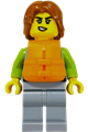 Woman with dark orange hair wearing a light bluish gray and lime wetsuit, orange life jacket, and light bluish gray legs - cty1961