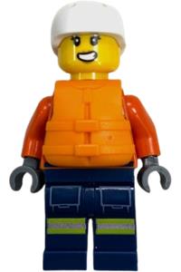 Coast Guard Female Minifigure - Female Coast Guard City minifigure wearing a reddish orange jacket with pockets and reflective stripes, dark blue legs with pockets and reflective stripes, an orange life jacket, and a white sports helmet - cty1962