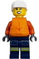Female Coast Guard City minifigure wearing a reddish orange jacket with pockets and reflective stripes, dark blue legs with pockets and reflective stripes, an orange life jacket, and a white sports helmet - cty1962